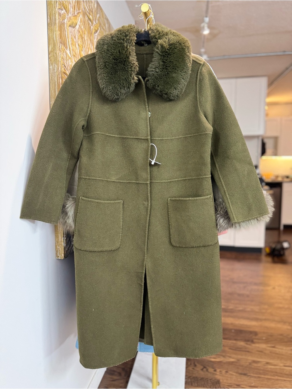 Olive Green Faux-Fur Collar Wool-Blend Coat